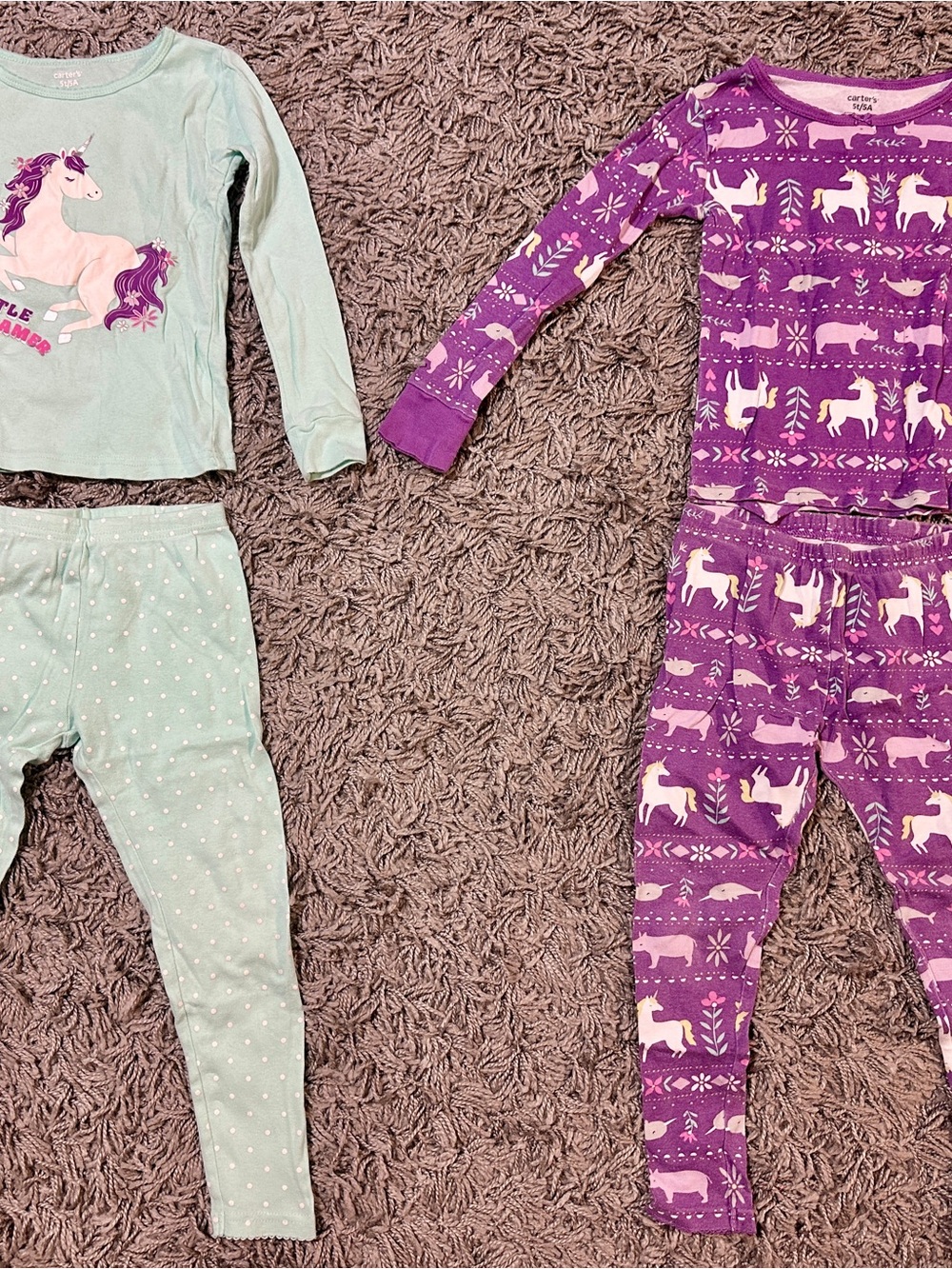 Carter's Mint Green Unicorn Pajama Set & Purple Horse Print Pajamas